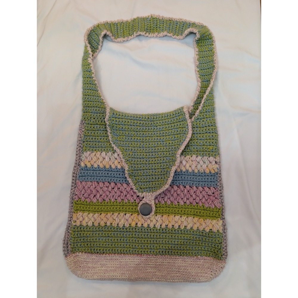 Handmade Crochet Slouchy Shoulder Bag Boho Crossbody Tote Flap Button Pastel Lg